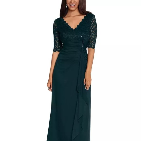BETSY & ADAM Women's Lace-Top Waterfall-Detail Gown Pine 4 - Picture 1 of 3